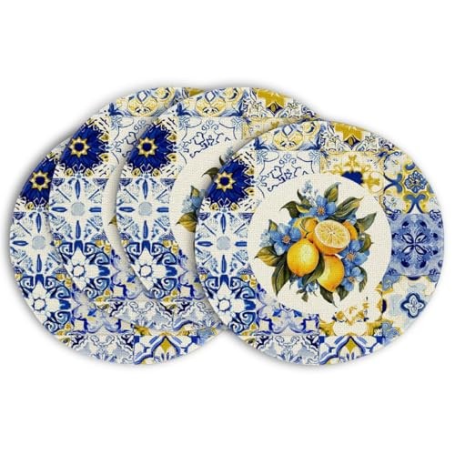 Lemon and White Porcelain Summer Round Placemats Set of 14", Round 4 Pcs Blue