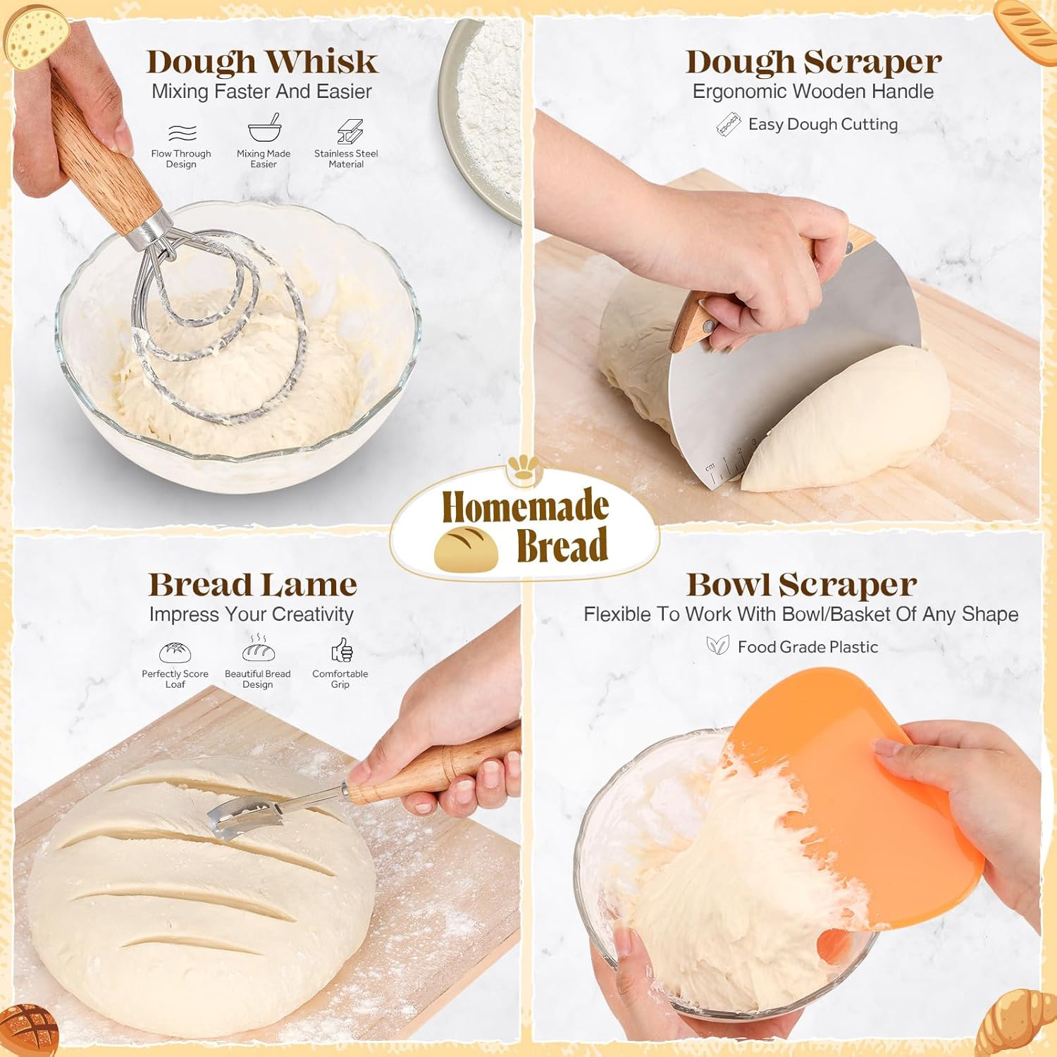 Sourdough Bread Baking Supplies, Sourdough Starter Kit, Bread Proofing Basket, B