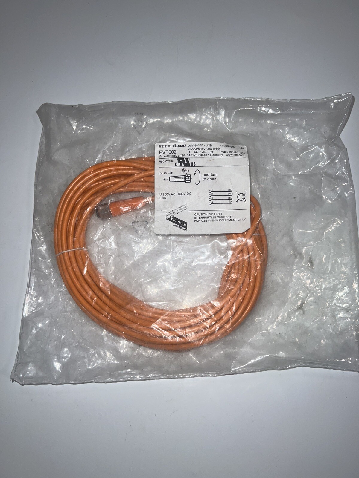 IFM EVT002 Cordset 10M 4 Pin M12 Eurofast Connector ADOGH040VAS0010E04 NewSealed