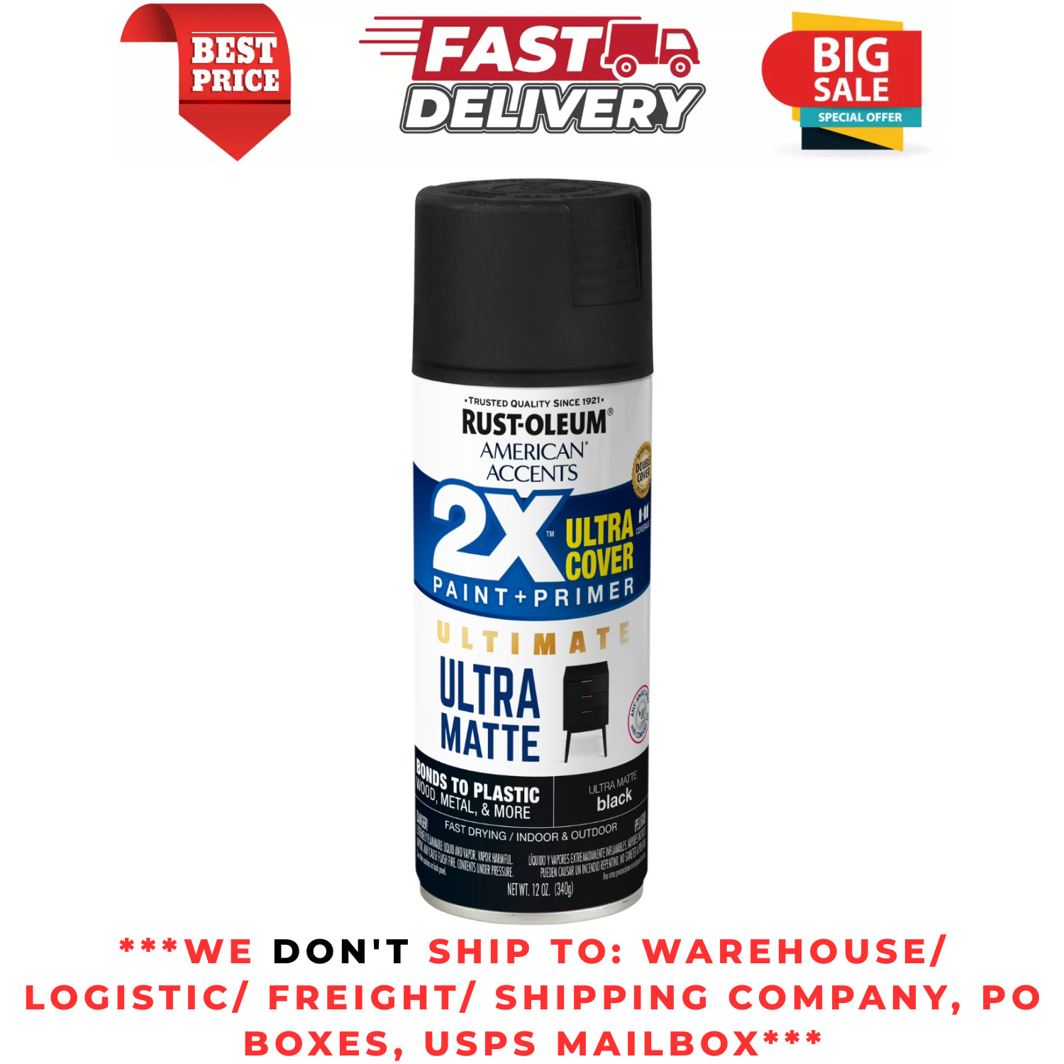 Black, Rust-Oleum American Accents 2X Ultra Cover Ultra Matte Spray Paint, 12 oz