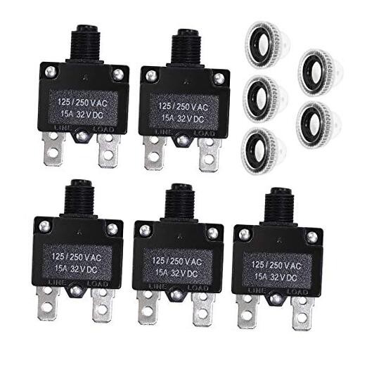 5 disyuntores de 15 amperios con botón de reinicio de 32 V CC, AC125-250 15 Amp