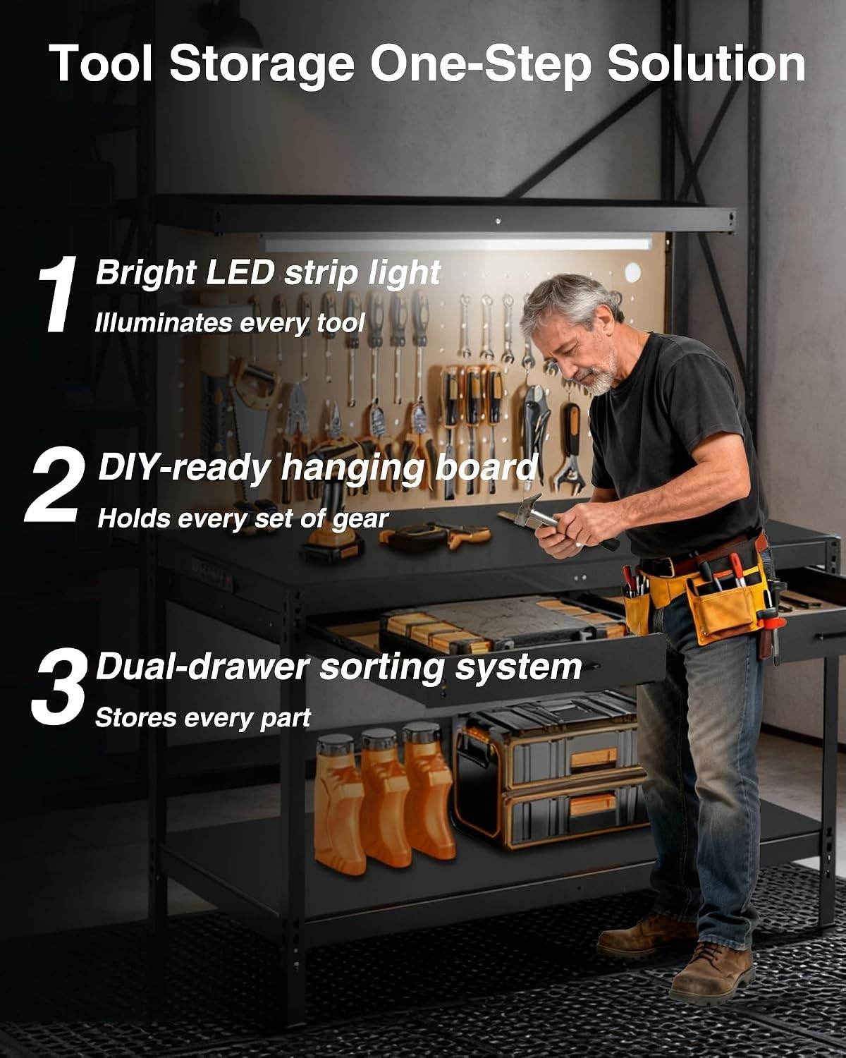 Organized Garage Workbench with Pegboard, 2 Drawers & USB Charging Ports