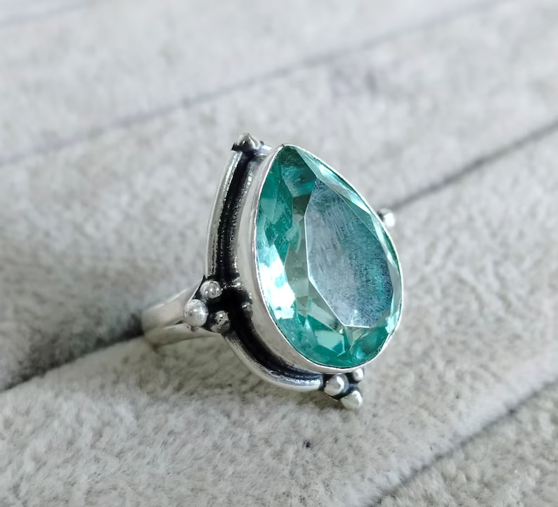 Natural Aquamarine 925 Sterling Silver Band& Statement Ring Handmade  All Size