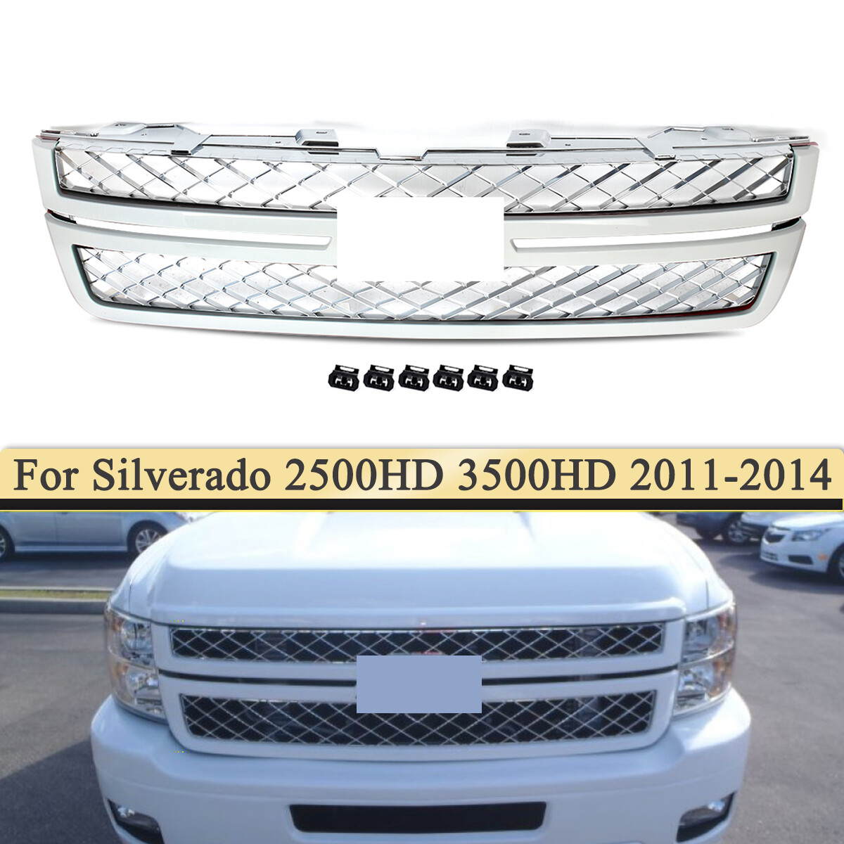Summit White Front Grille with Chrome Mesh For 2011-2014 Silverado 2500HD 3500HD