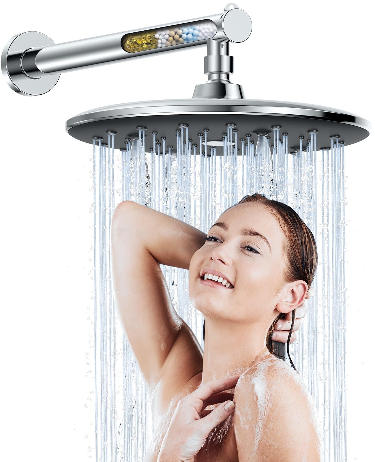 KOSNEW Rainfall Shower Head with Filtered Extension Arm 9" Wide High Pressure