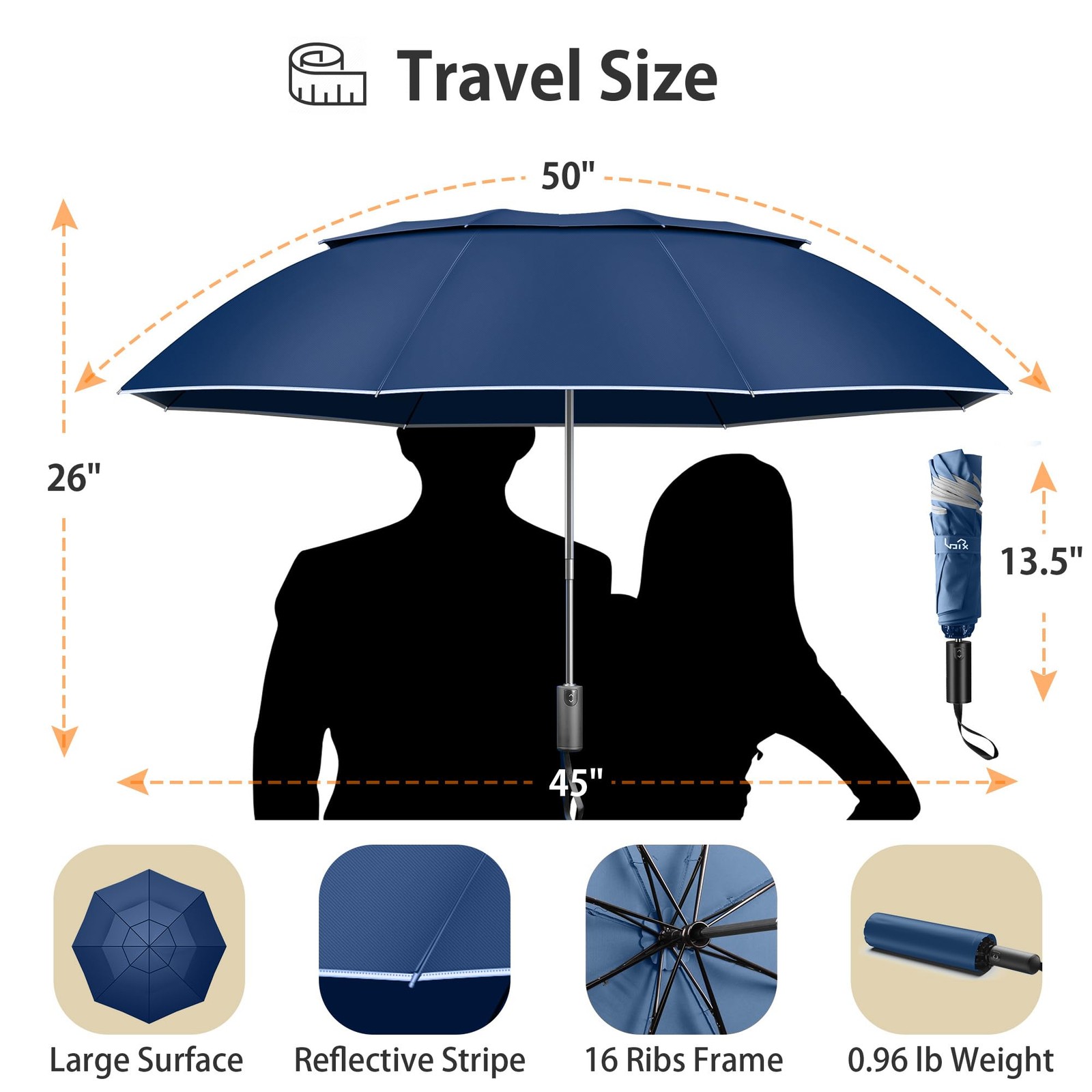 Urvoix Travel Umbrella Compact Windproof - Vented Double Canopy Large, Blue