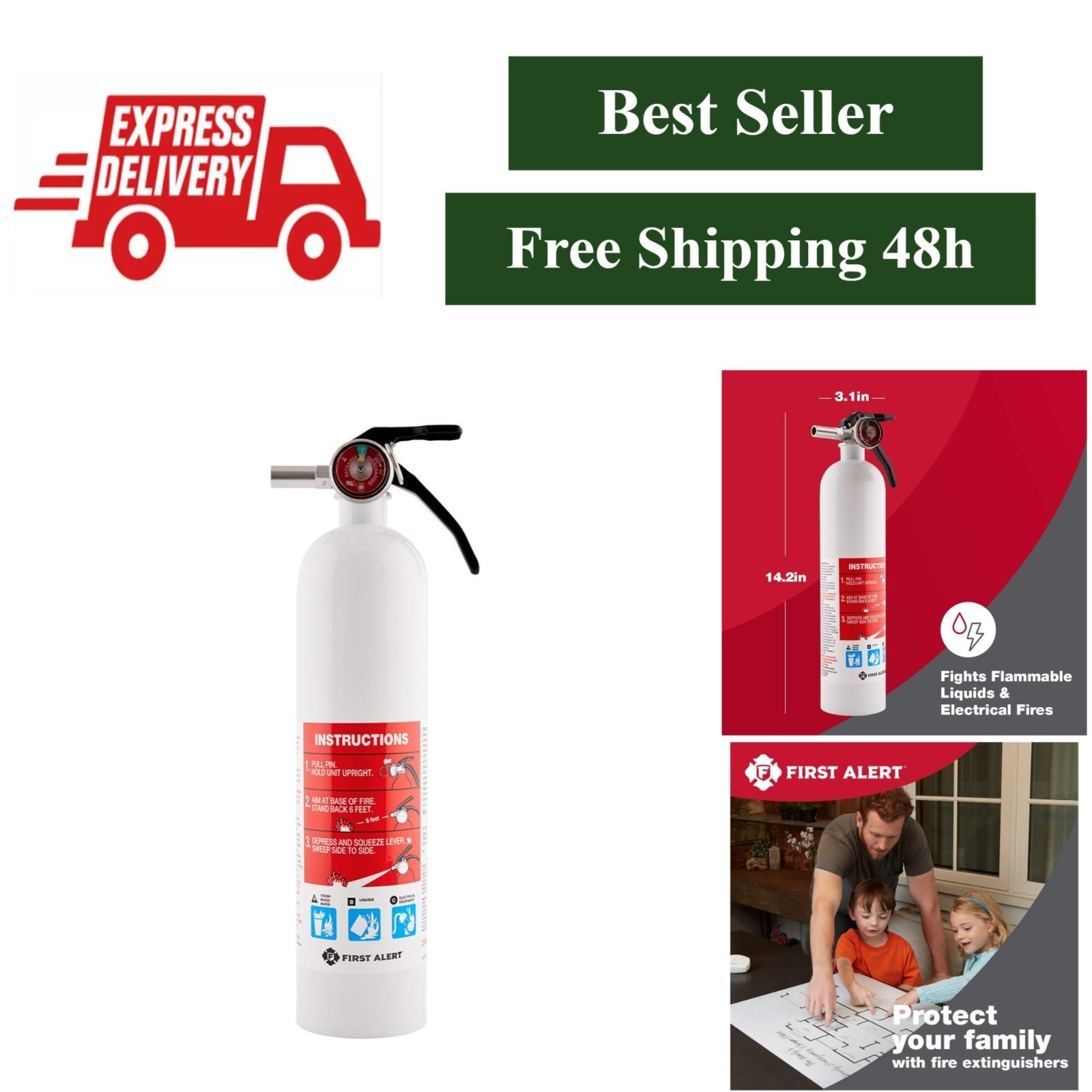 First Alert Marine Fire Extinguisher | UL Rated 1-A:10-B:C | 14" White