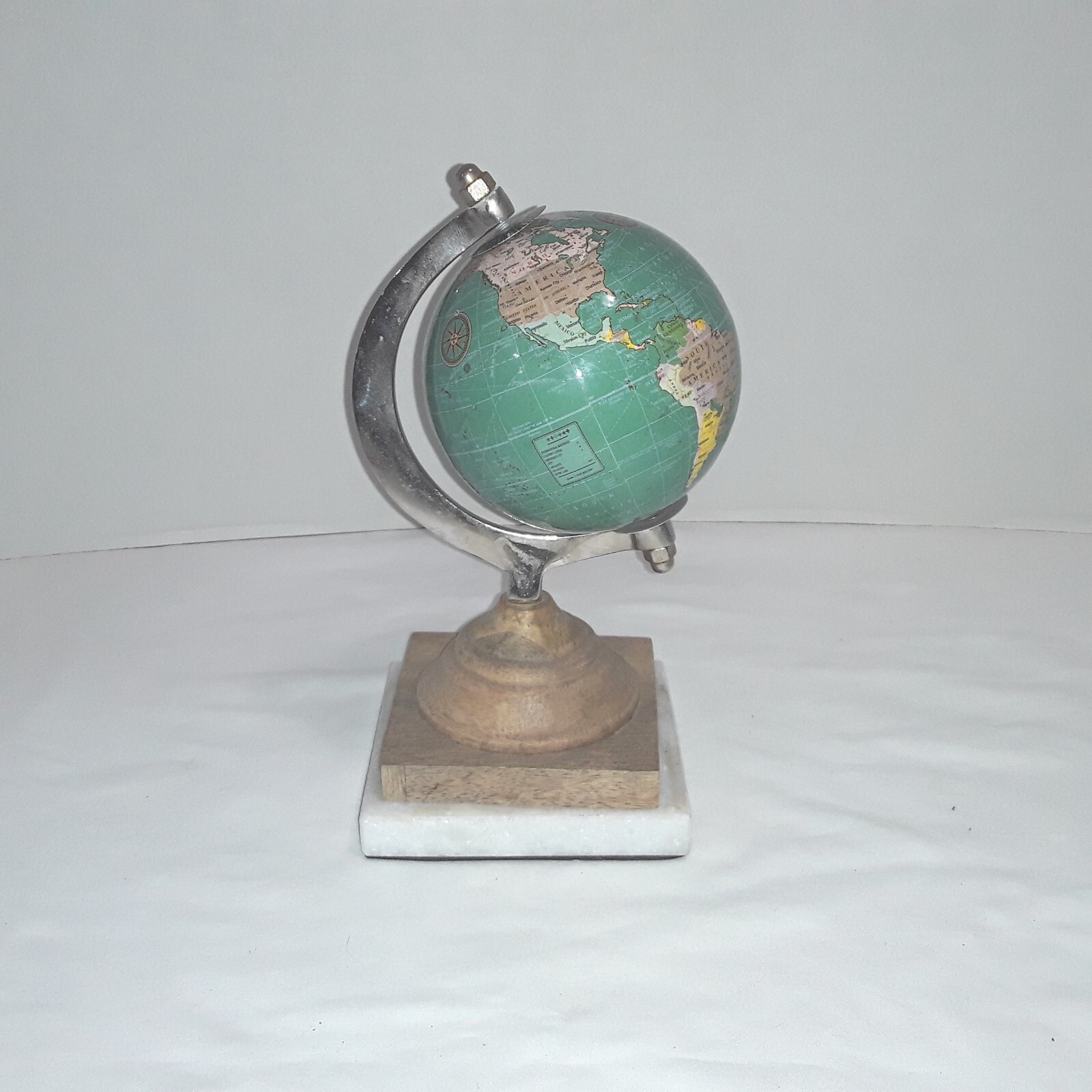 World Globe Desk Top Decor Table Top 8.5" Tall Wood & Stone Base Green 979CC