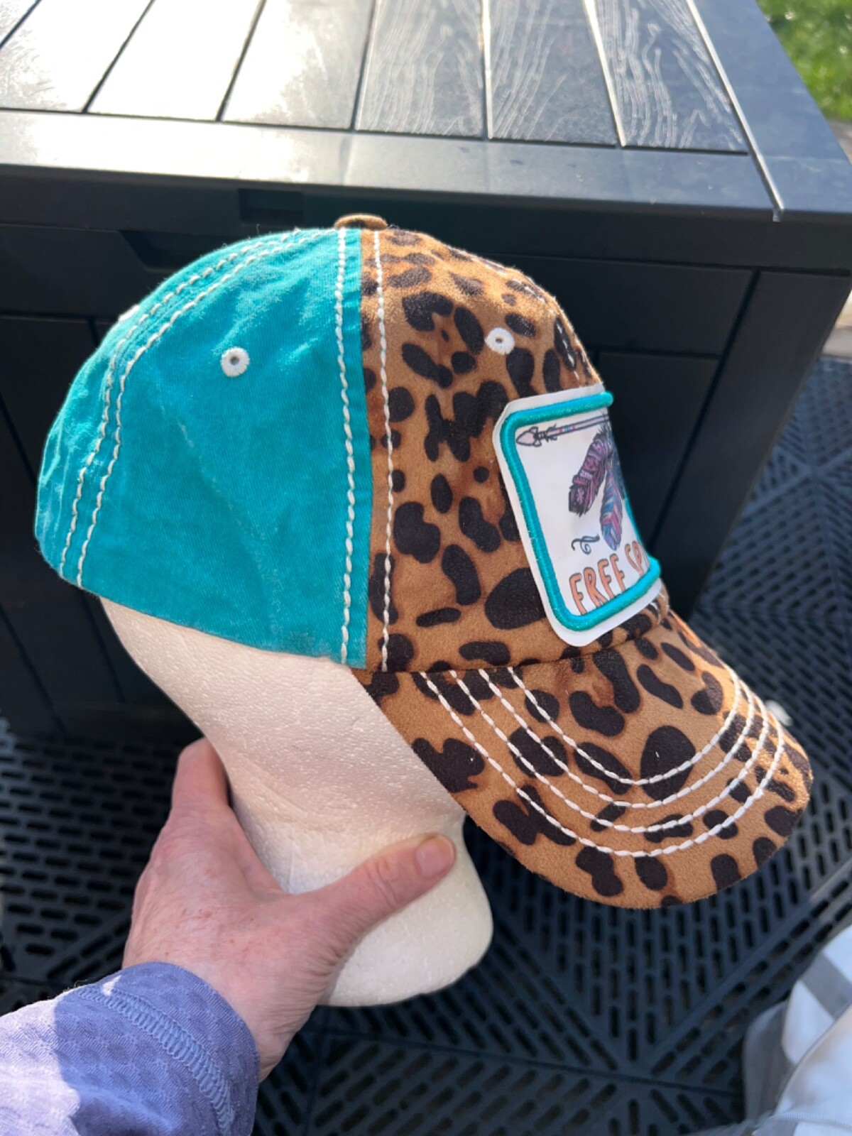 Teal Faux Leopard Print Hat Cap Hook Loop Districts4350 Free Spirits Patch EUC