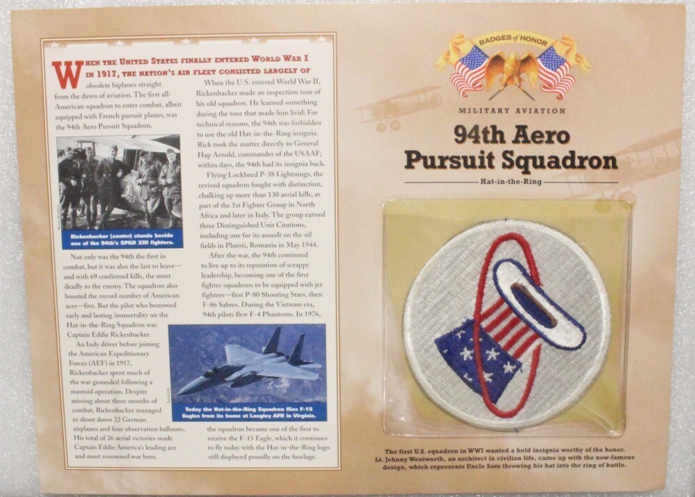 Air Force Patch & History on Card - 94th Pursuit Squadron