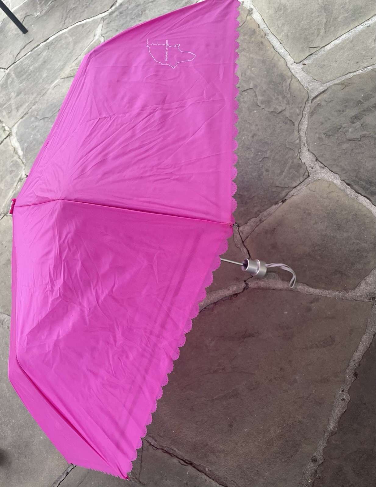 Pink Umbrella Souvenir of Rodos with Polka Dot Inside and Scalloped Edges