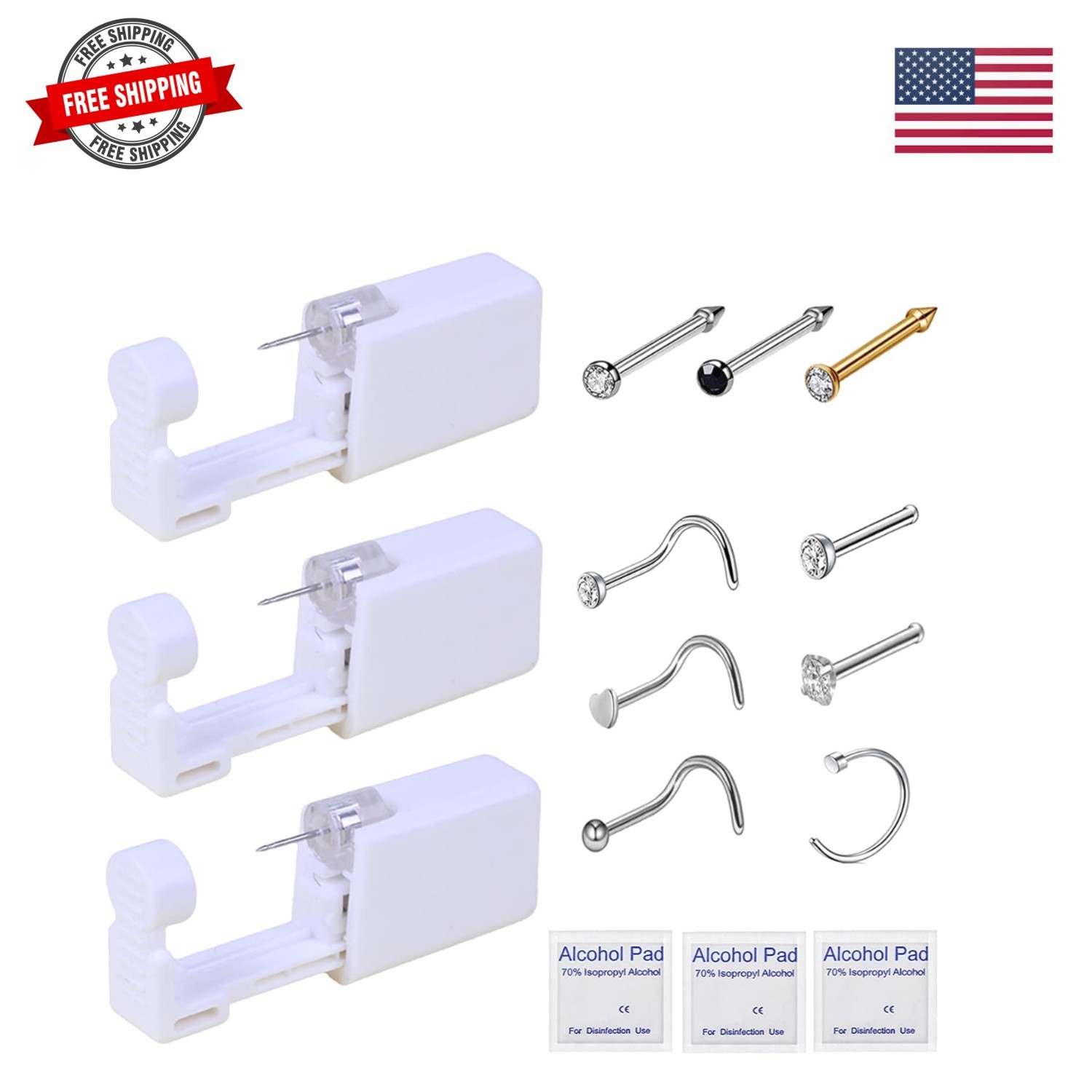 Nose Piercing Kit - 3 Pack Self Piercing Gun, Disposable Safety Kit with Nose...