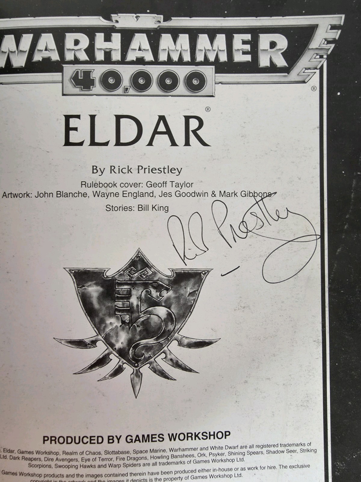 Warhammer 40K Codex Eldar 2nd Edition SIGNED BY RICK PRIESTLEY Armies Book 1994