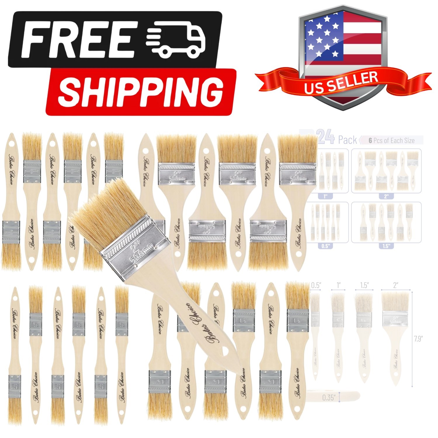 Bates- Natural Bristle Brush Set - Assorted Sizes, 24 Pack, Chip Brushes for ...