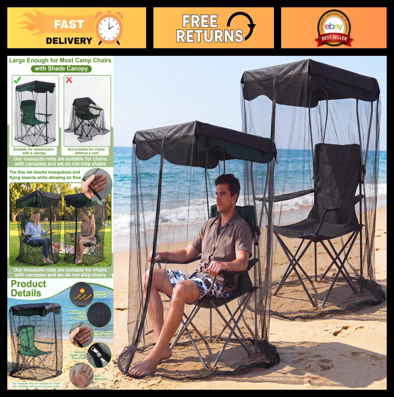 2 Pcs 63" Mosquito Net Canopy Cover, Bug Barrier Mesh Tent with Waterproof Roof
