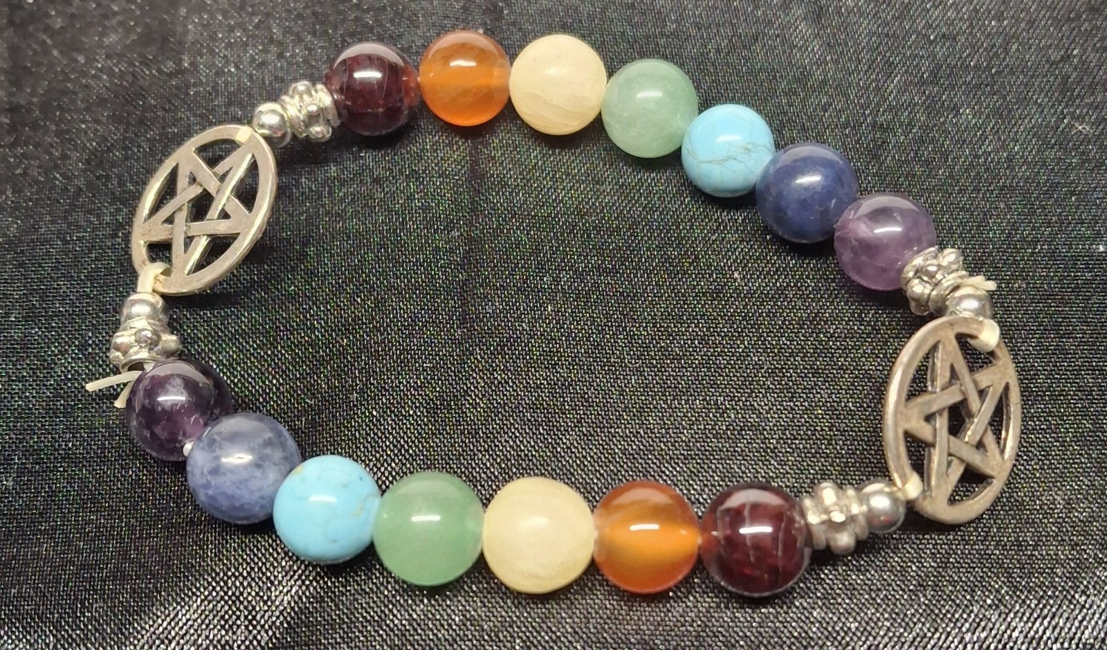 7 Chakra/pentacle charms 8mm Bead Bracelet Size 6 (BRC 36)