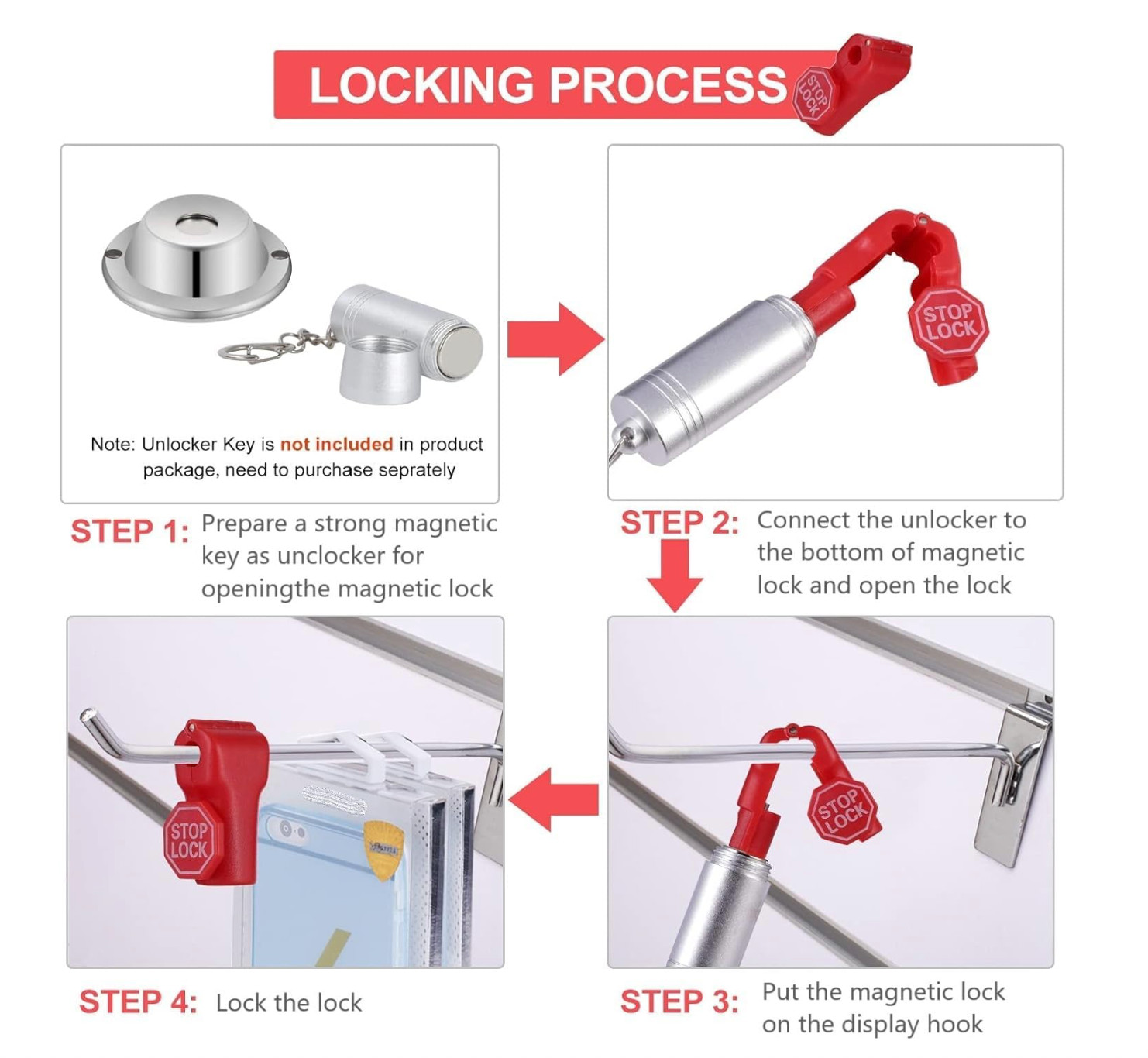 200 pcs Red Stop Lock Peg Hook Locks Plastic for Retail Shop Security Anti Theft