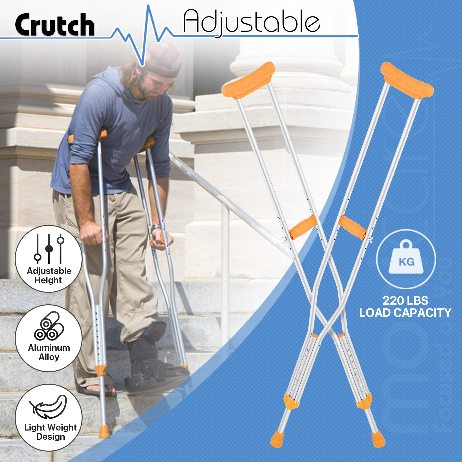 2 PCS Crutches Adjustable Height Non-Slip Durable Cane Aluminum Alloy Walk Stick