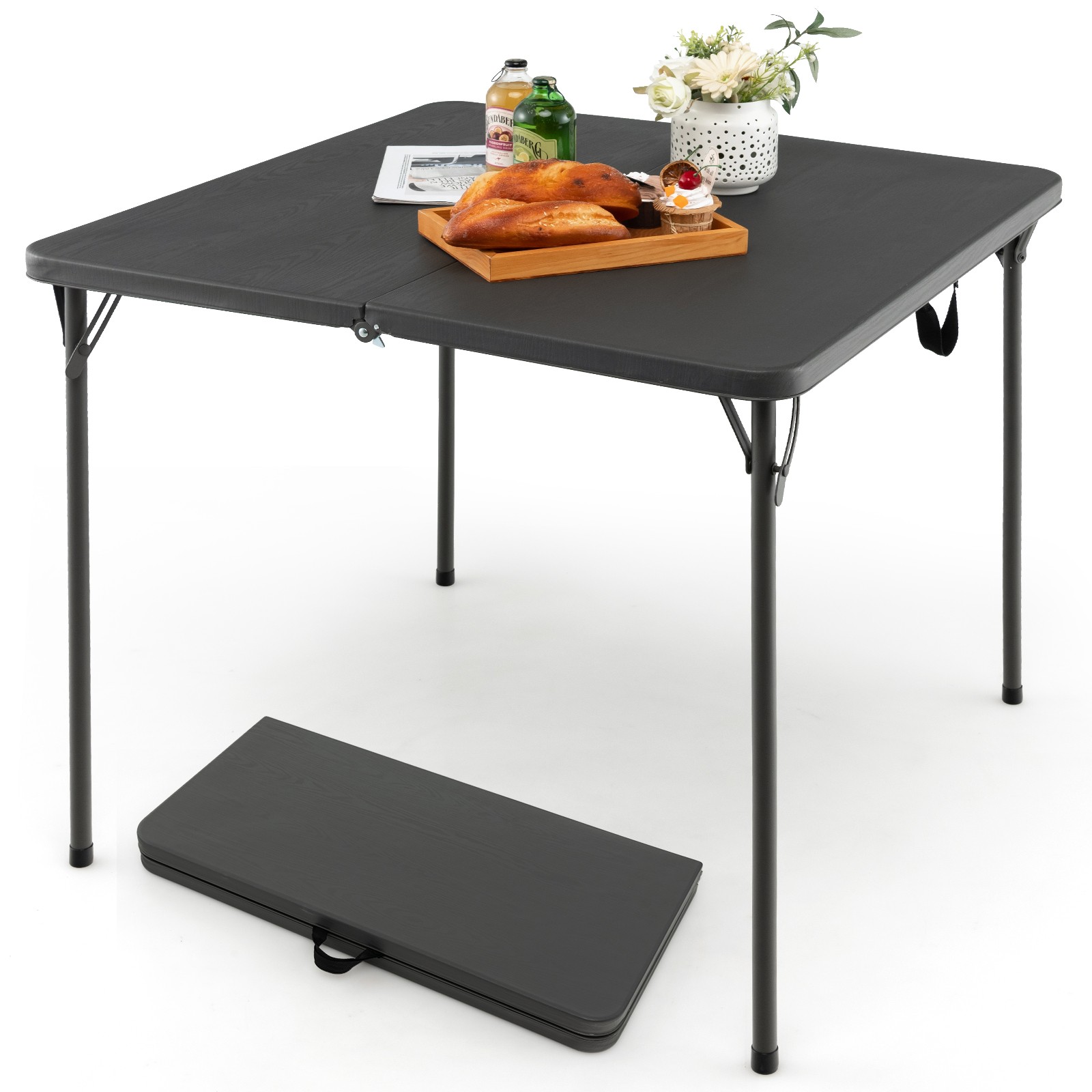 Folding Camping Table Portable HDPE Outdoor Picnic Dining Table w/ Handle Grey