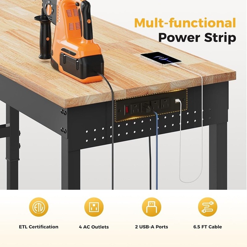 Adjustable Workbench W/ Power Strip Pegboard Hooks Heavy Duty 2000lb Capacity US