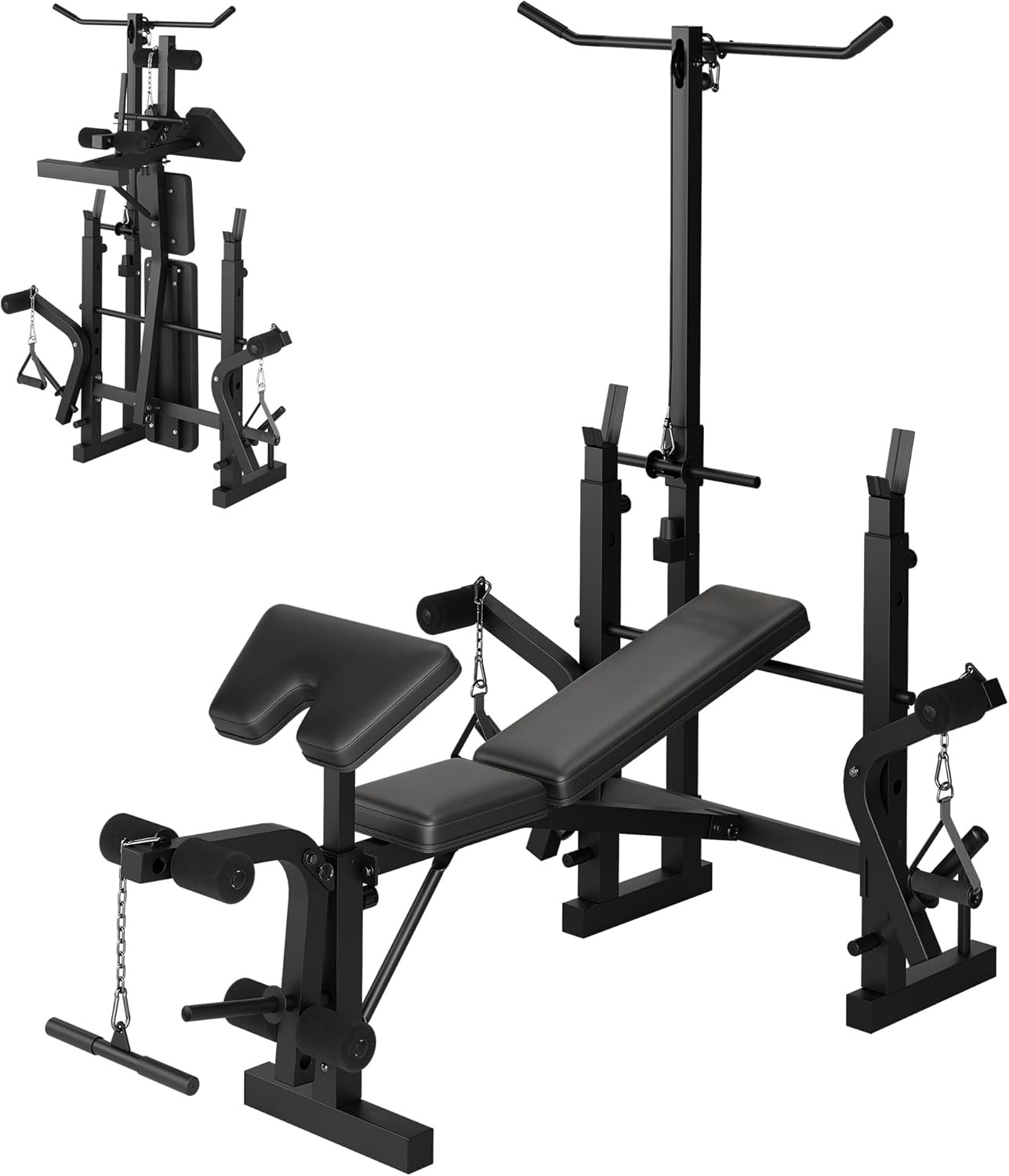 Adjustable Bench Press Station Weight Bench Home w/ Leg Extension & LAT Pulldown