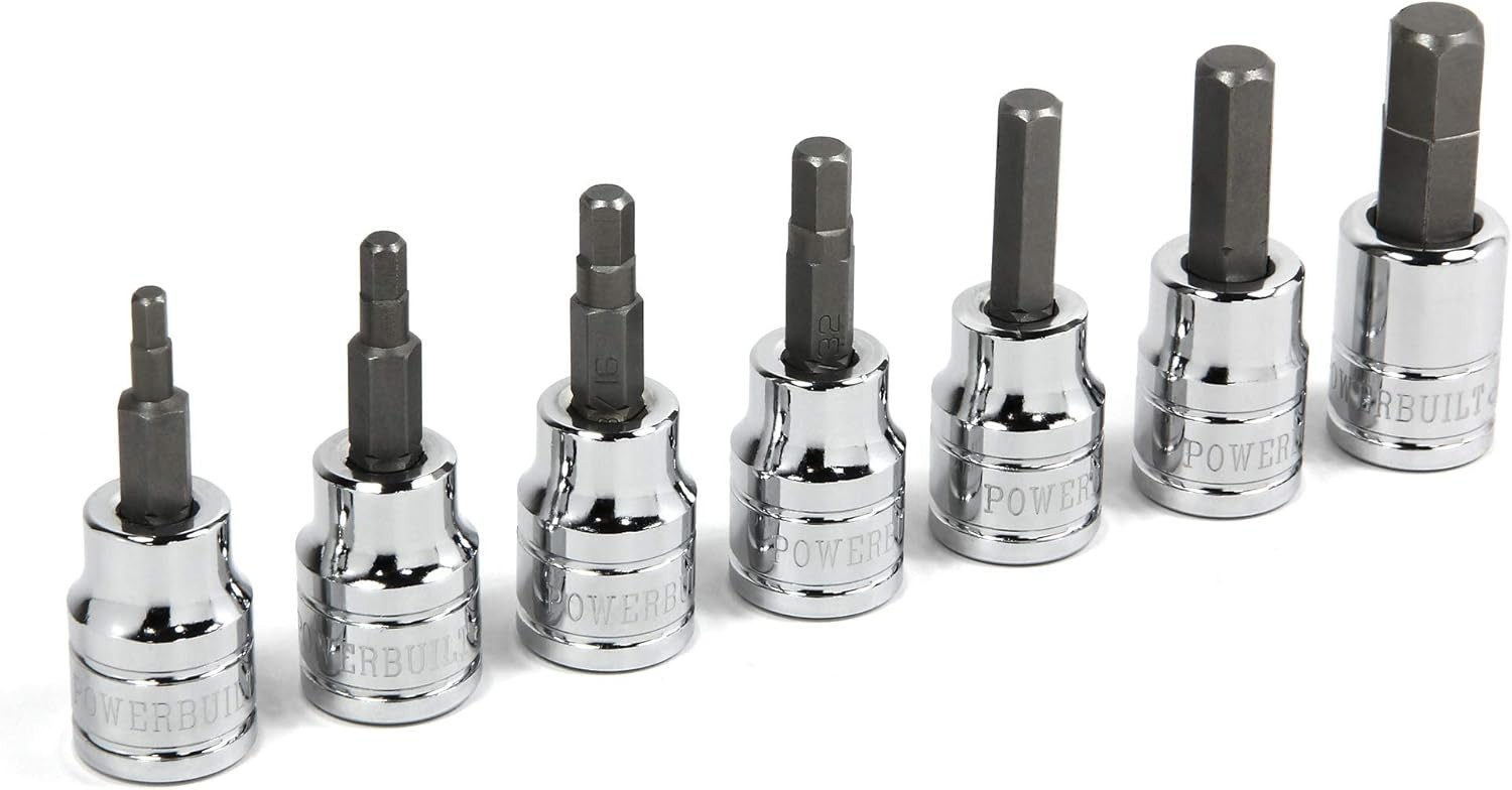 Powerbuilt 7 Piece 3/8 Inch Drive Metric Hex Bit Hex, Metric, 7 Piece, Silver