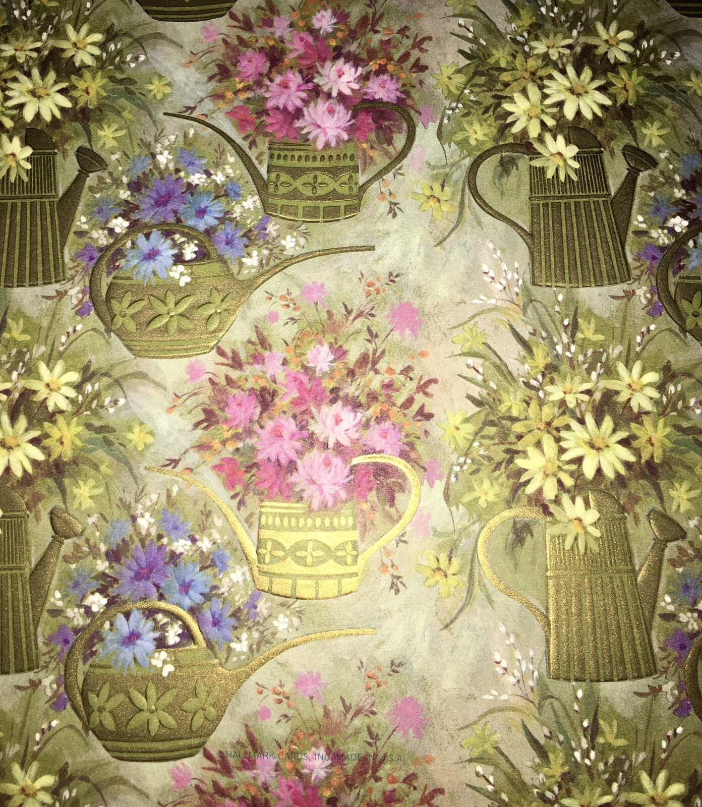 VTG WRAPPING PAPER GIFT WRAP HALLMARK GOLD WATERING CANS SPRING FLOWERS NOS