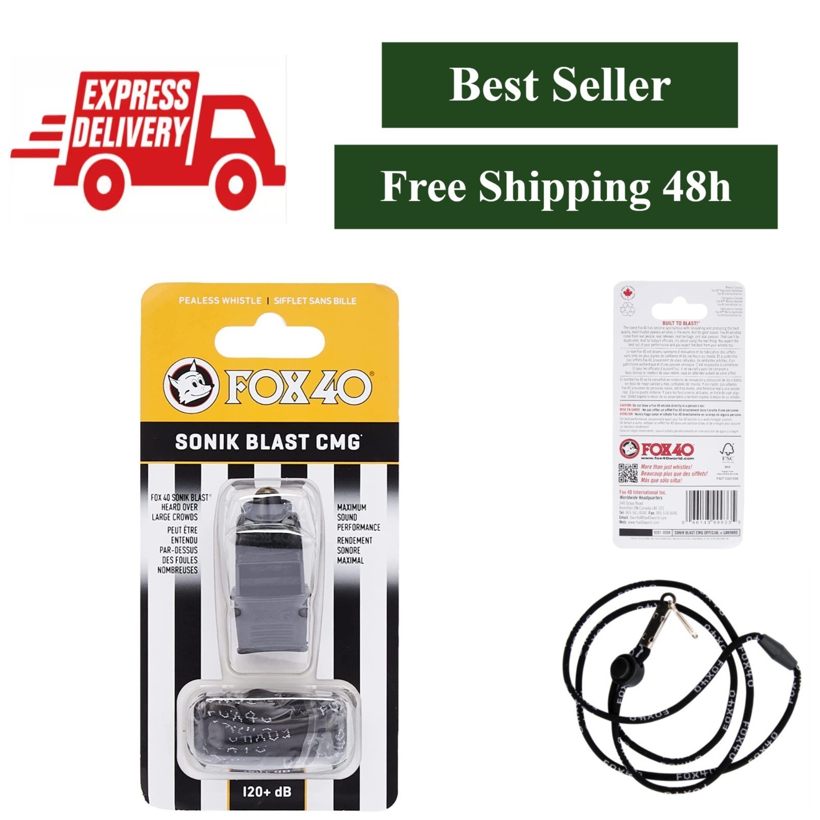 Fox 40 Sonik Blast CMG Official Whistle with Lanyard - Black