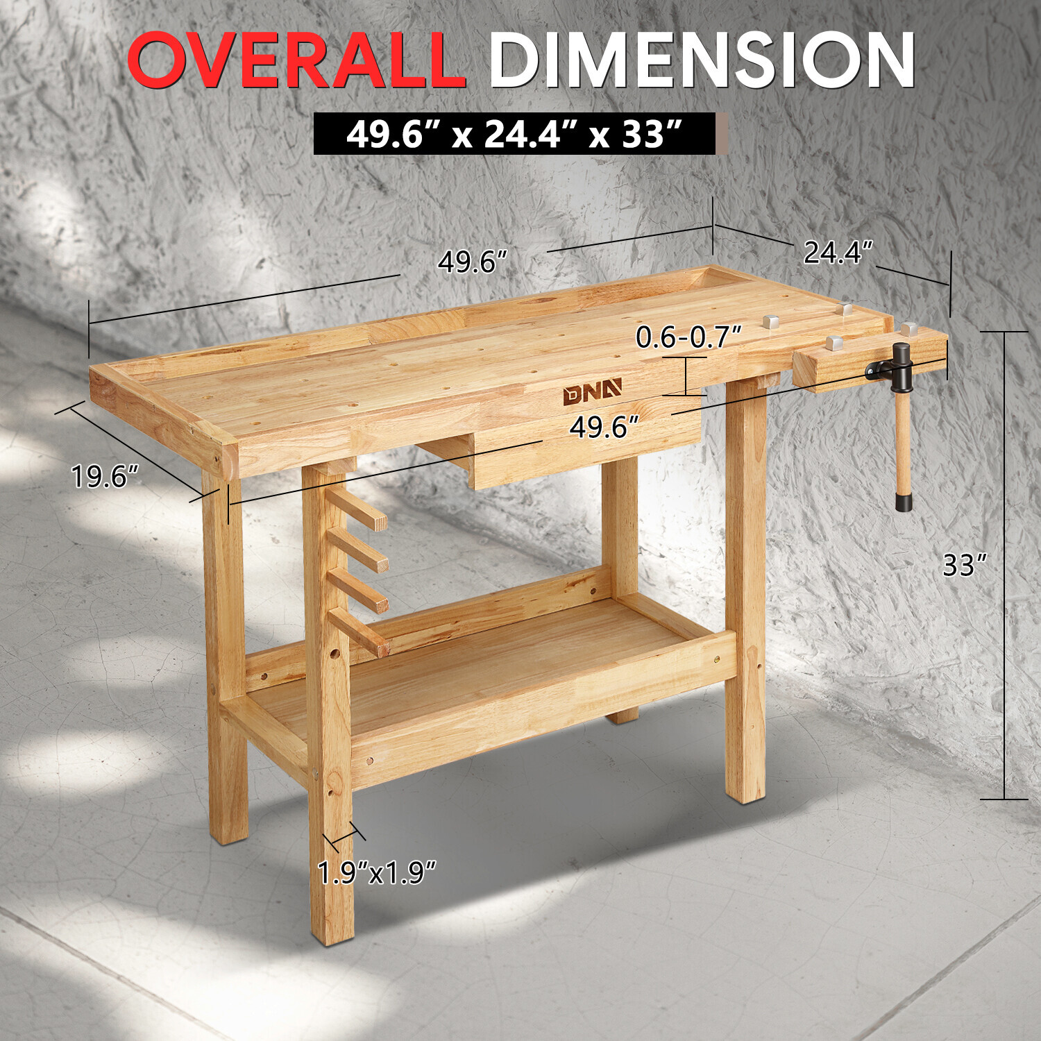 50 "x 20" Heavy Duty Oak Workbench Work Table w/ Drawer & Adjustable Handle