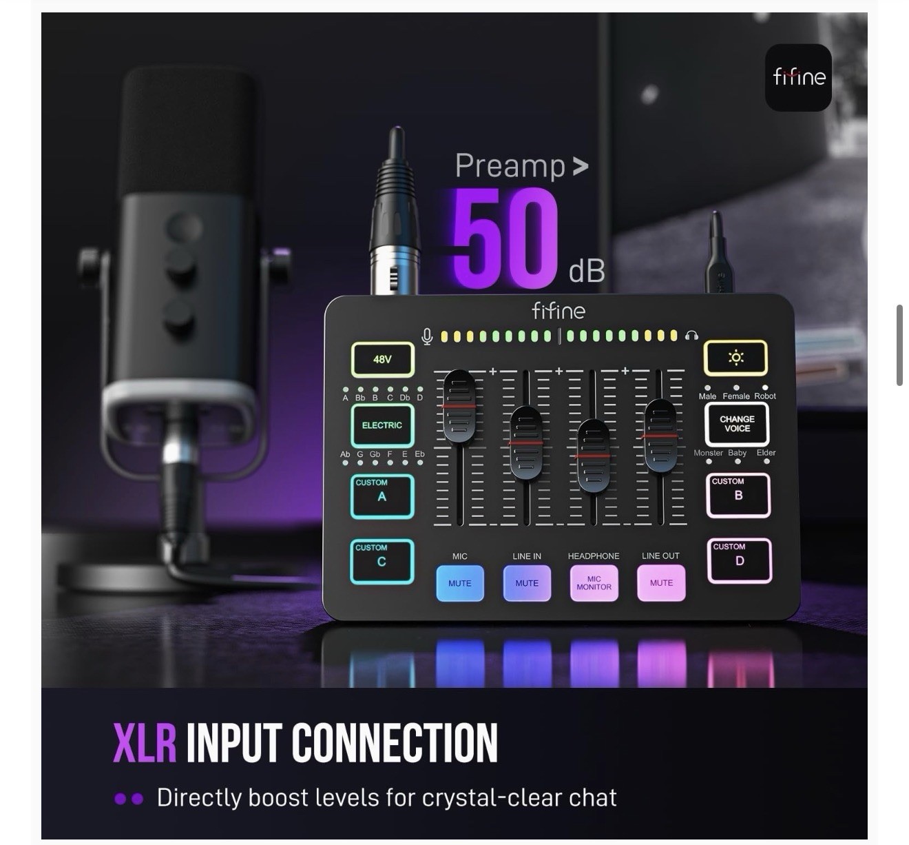 FIFINE Gaming Audio Mixer, Streaming RGB PC Mixer with XLR Microphone Interface,