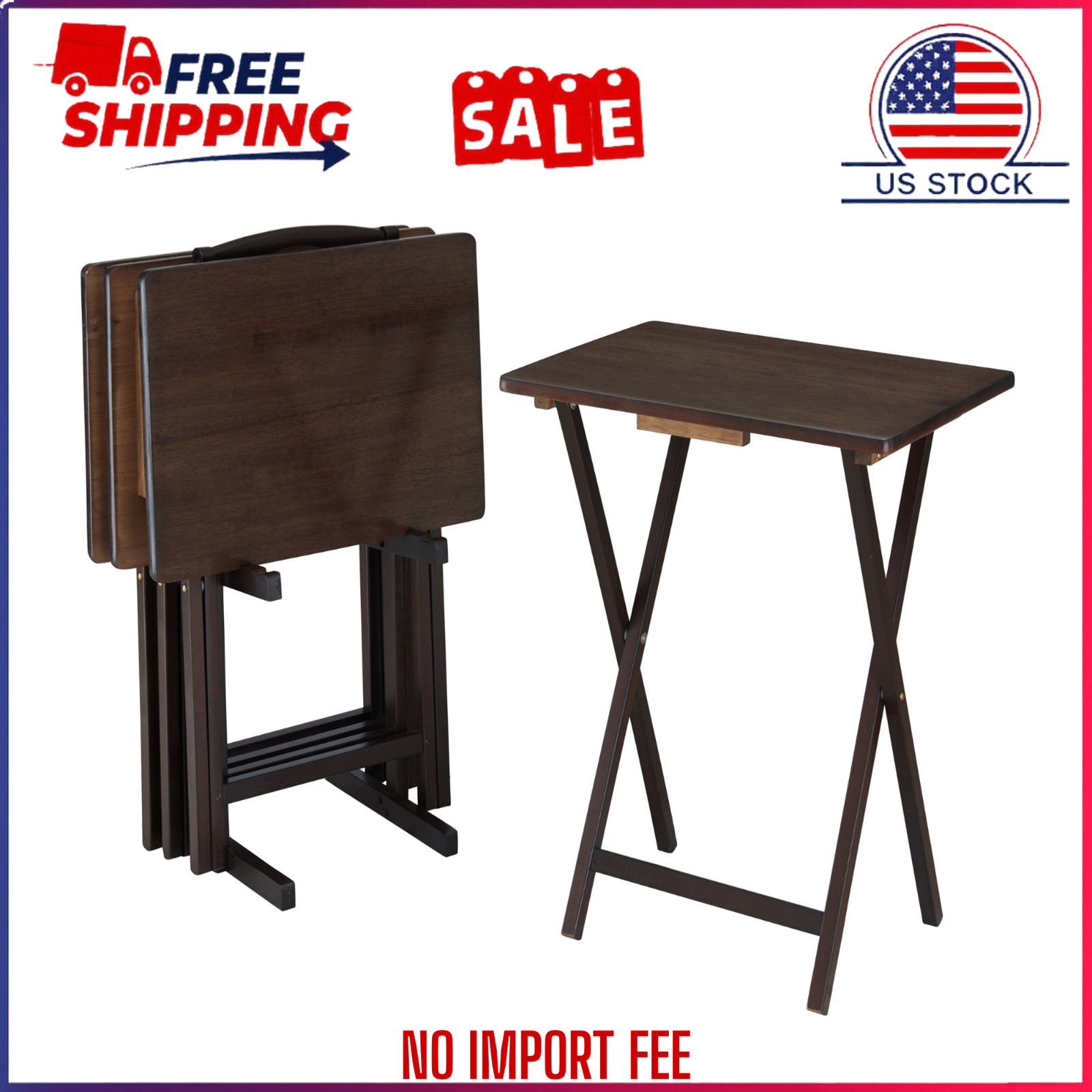 Mainstays 5-Piece Rubberwood Folding TV Tray Set 4 with Storage Rack, Walnut