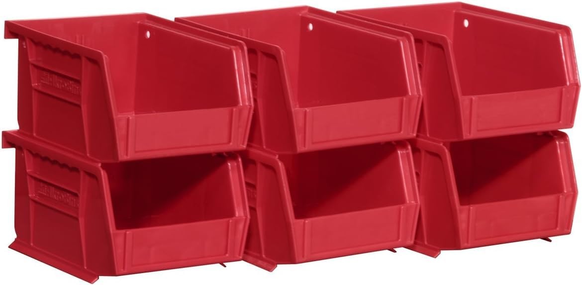 Akro-Mils 30210 AkroBins Plastic Storage Bins, Space-Saving 6 Pack, Red