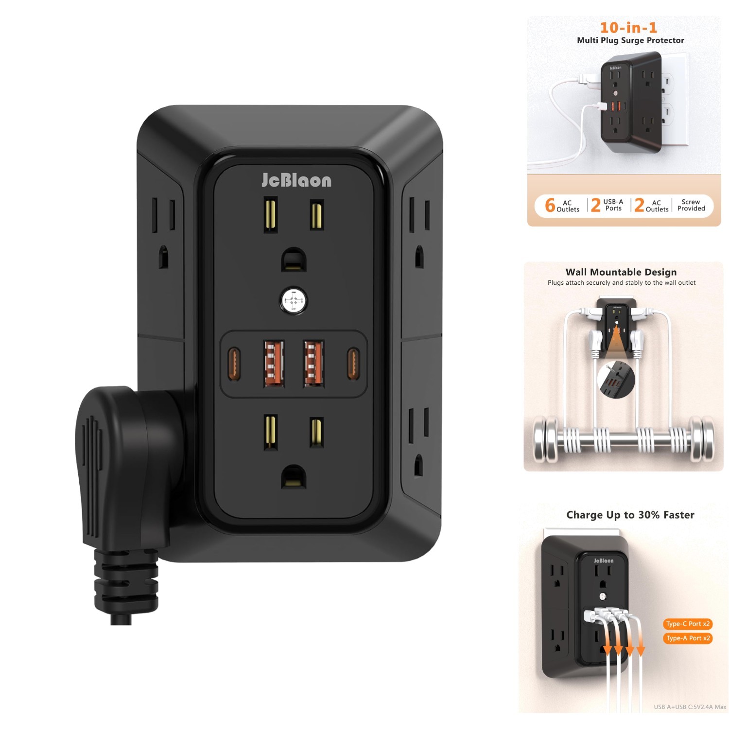 6 Outlet Wall Surge Protector Plugs with 4 USB USB-C Ports Extender Power Strip