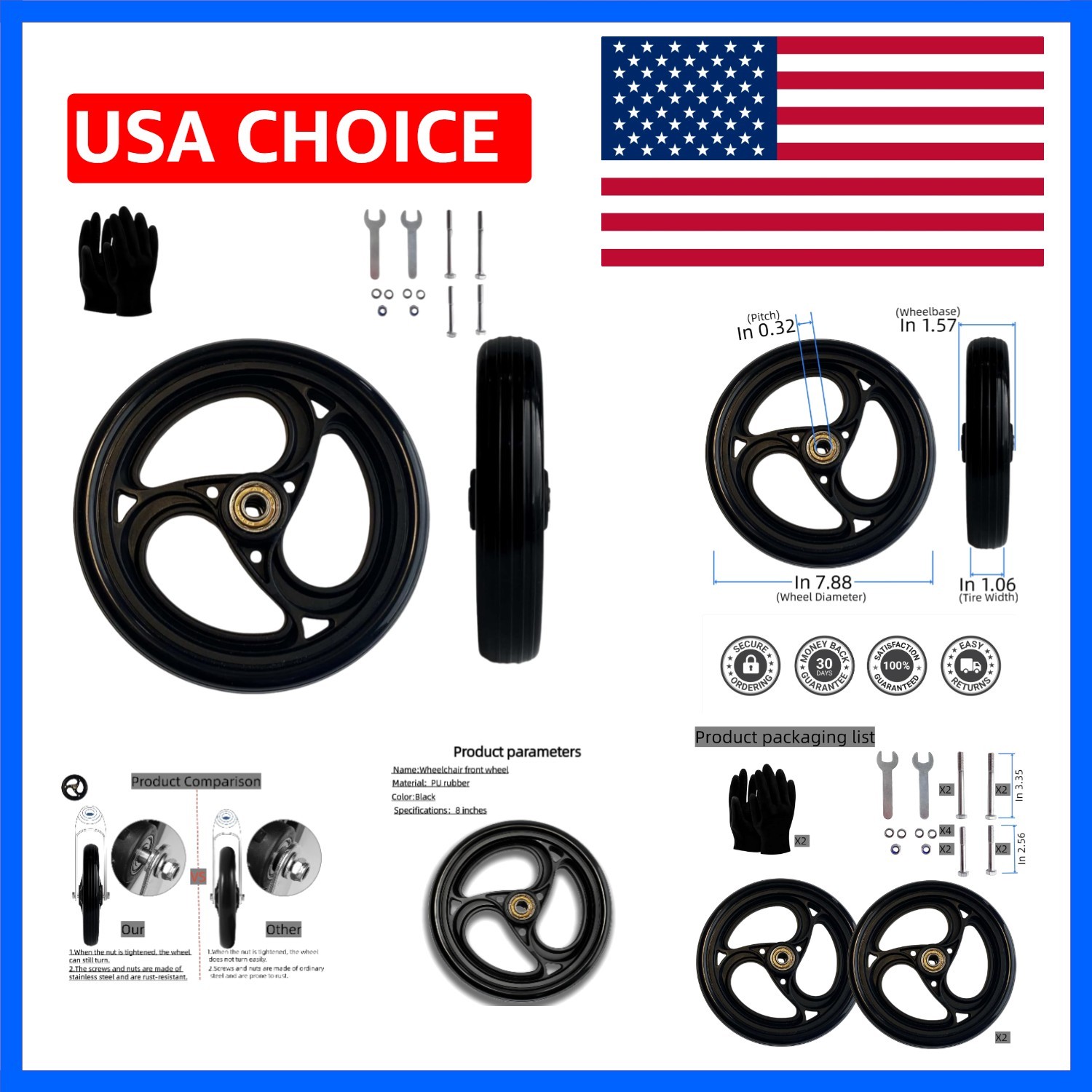 8" Black Walker Replacement Wheels, Hard Rubber, Fits Rollator | 2-Pack, Non-...
