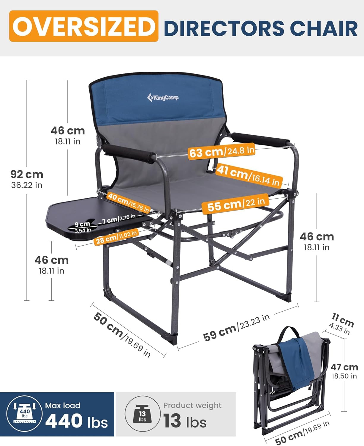 Oversized Camping Directors Chair with Side Table, Compact Design Heavy Duty 440