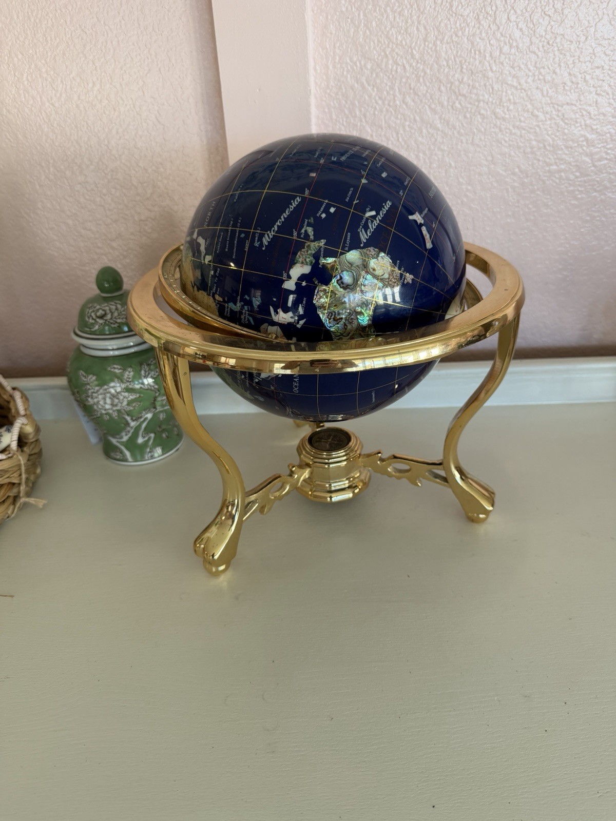 GEMSTONE INLAID WORLD 12" GLOBE W/ BRASS ZODIAC STAND & COMPASS