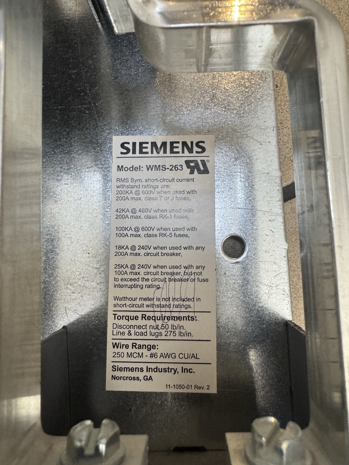 Siemens WMS-263 Meter Socket 3Ph 600V 200A Good Condition.
