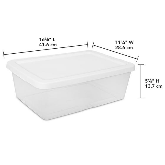 (4) 12 Quart Storage Boxes, Clear Plastic Storage Bin with Snap-On Lid, White