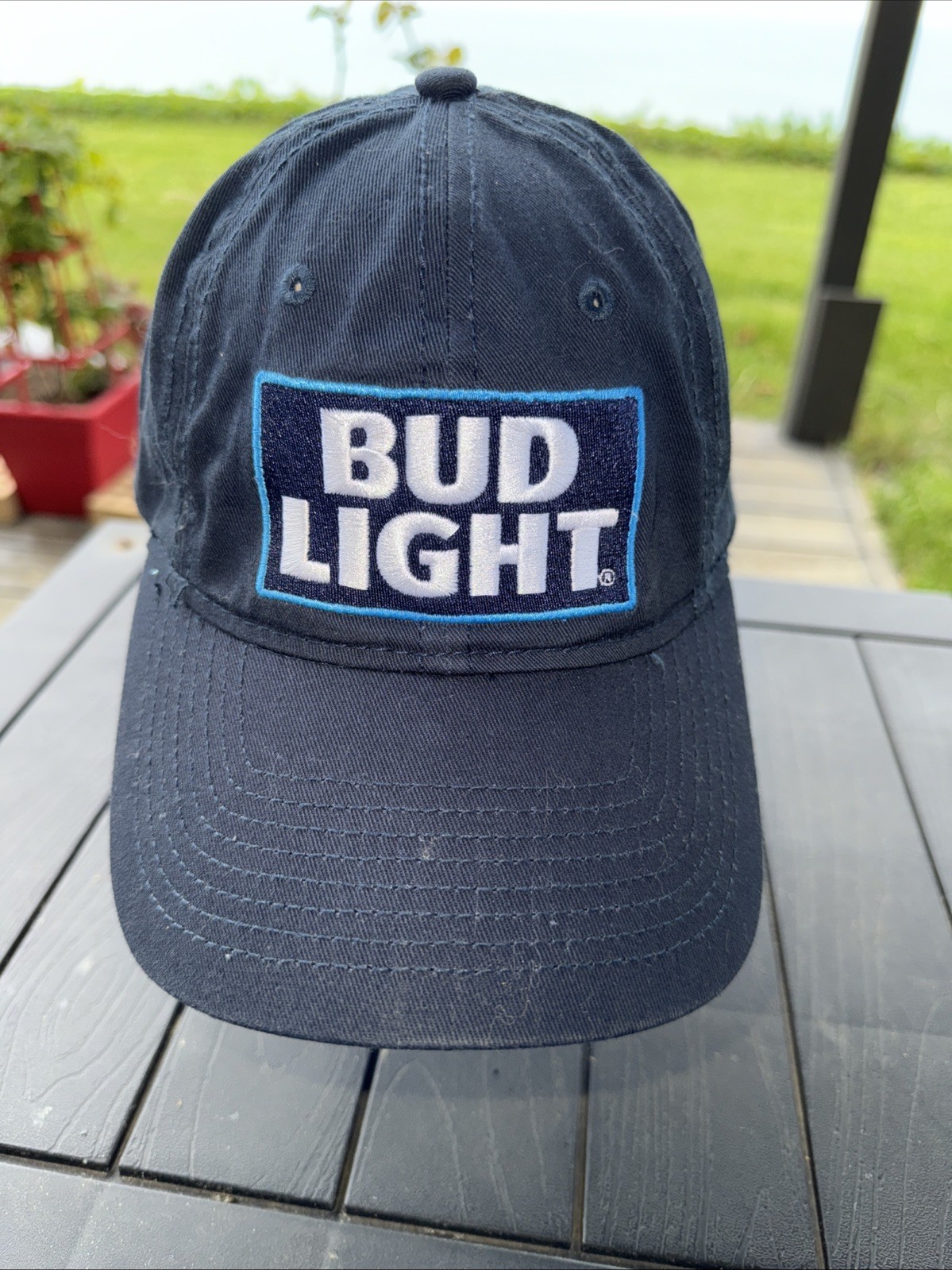 Bud Light White/ Brite Blue Outlined Patch on Navy Cotton Hat Cap Hook Loop