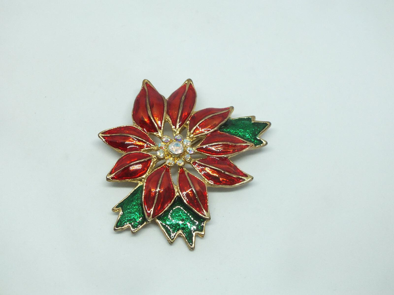 Beautiful Brooch Pin Christmas Poinsettia Gold Tone Green Red Enamel AB Rhinesto