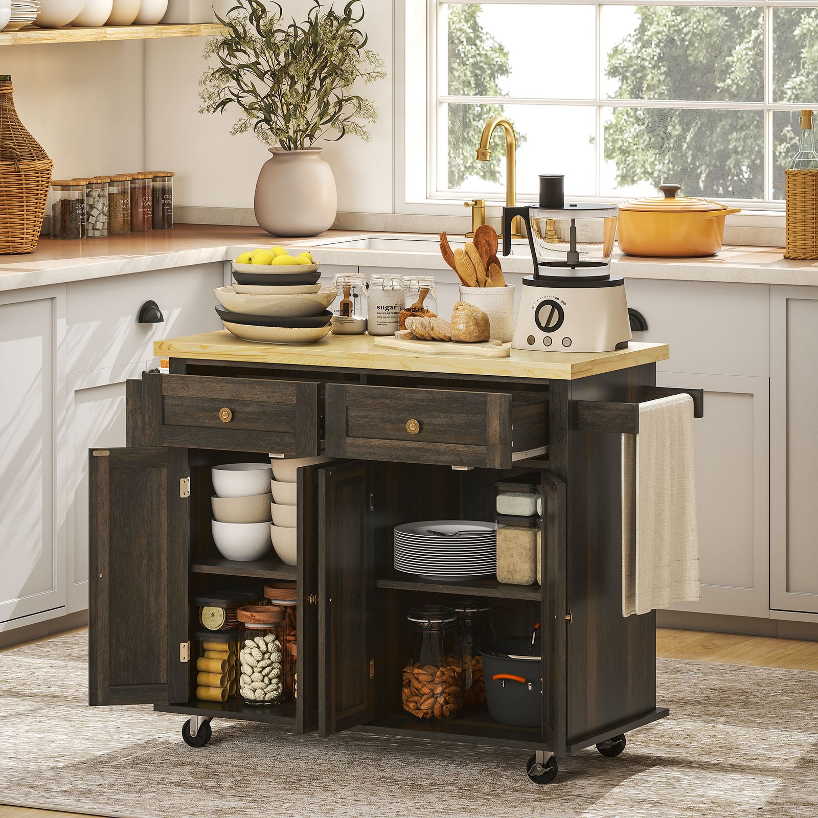 Kitchen Island Cart with Rubber Wood Top, Rolling Kitchen Island Table on Wheels