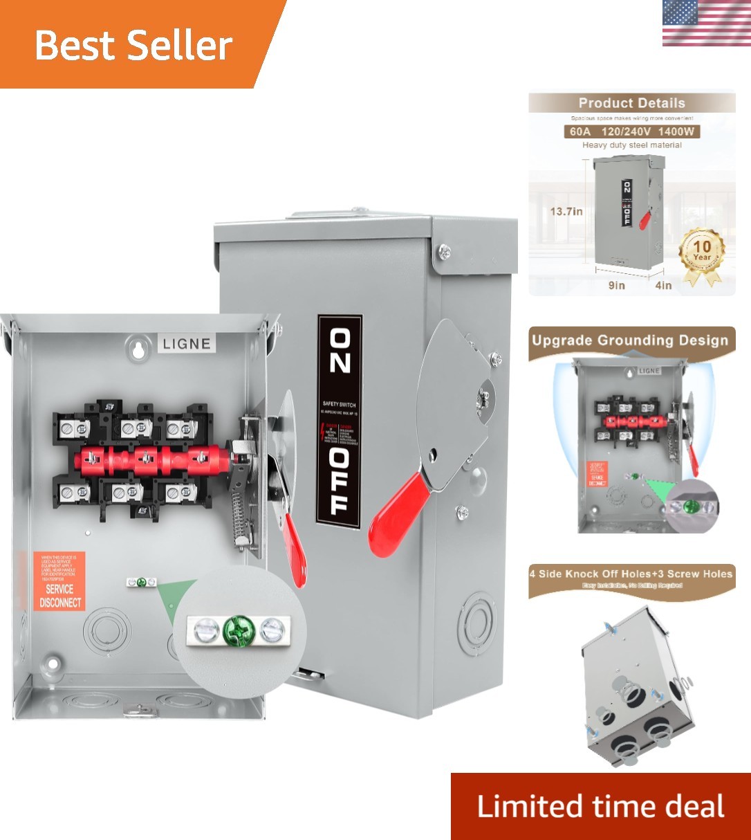 3P 60 Amp Disconnect Switch, NEMA 3R, Heavy-Duty Steel, Indoor/Outdoor Safety