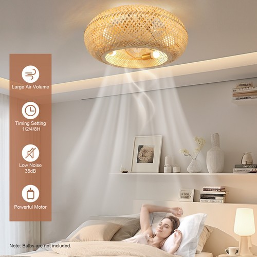 Farmhouse Low Profile Flush Mount Boho Ceiling Fan 20" Ceiling Fan +Light&Remote
