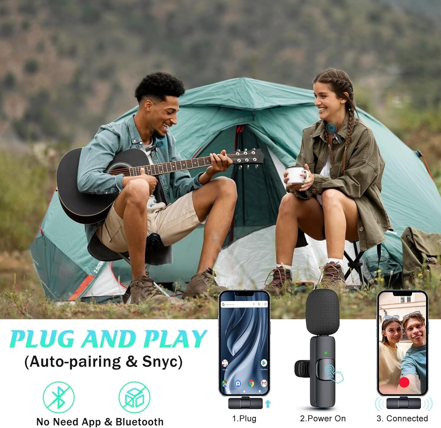 2 Pack Wireless Lavalier Microphones for iPhone 14 & Below with Noise Reduction