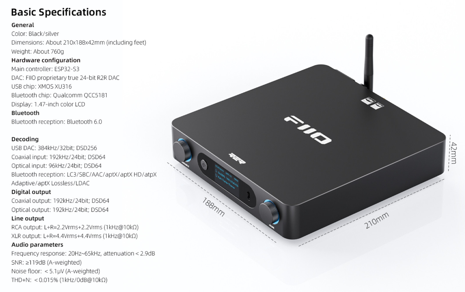 FiiO BR15 R2R High-Resolution Bluetooth 6.0 Audio Receiver with QCC5181 (Silver)