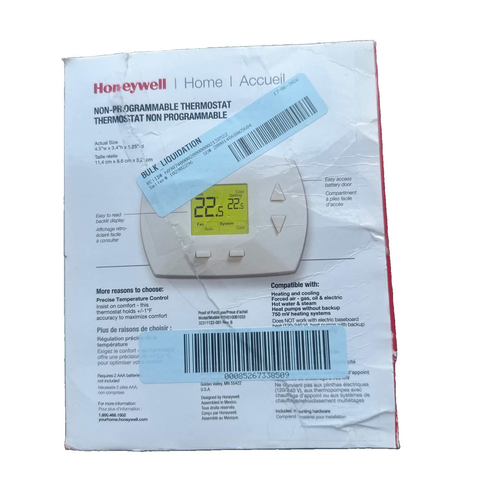 Honeywell RTH5100B Digital Non-Programmable Thermostat Model # RTH5100B1009