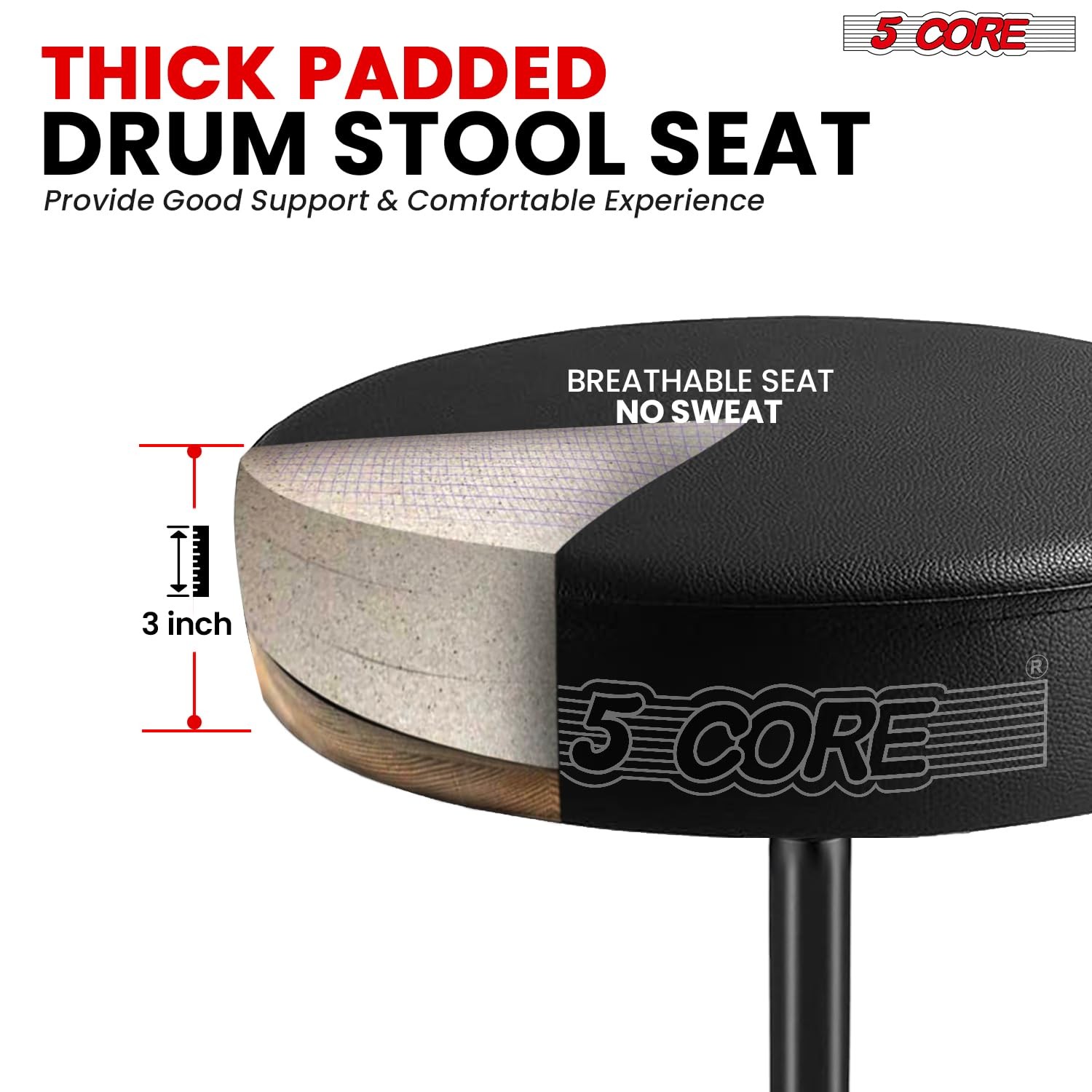 5 CORE Drum Throne 3 Inch Padded Comfortable Guitar Adjustable Height, Black