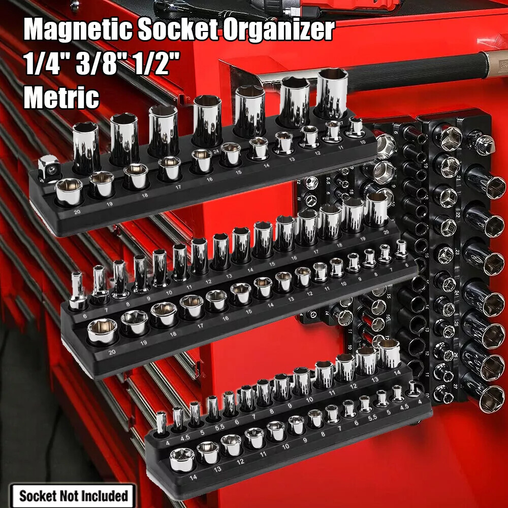 1/4" 3/8" & 1/2" Drive Metric Magnetic 3pc Socket Holder Storage Organiser Black