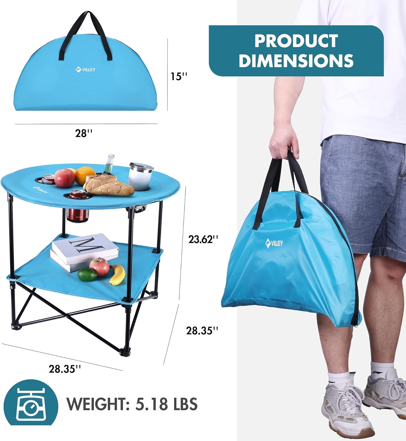 VILLEY Folding Round Camping Table Double-Layer w/4 Cup Holders & Carry Bag US