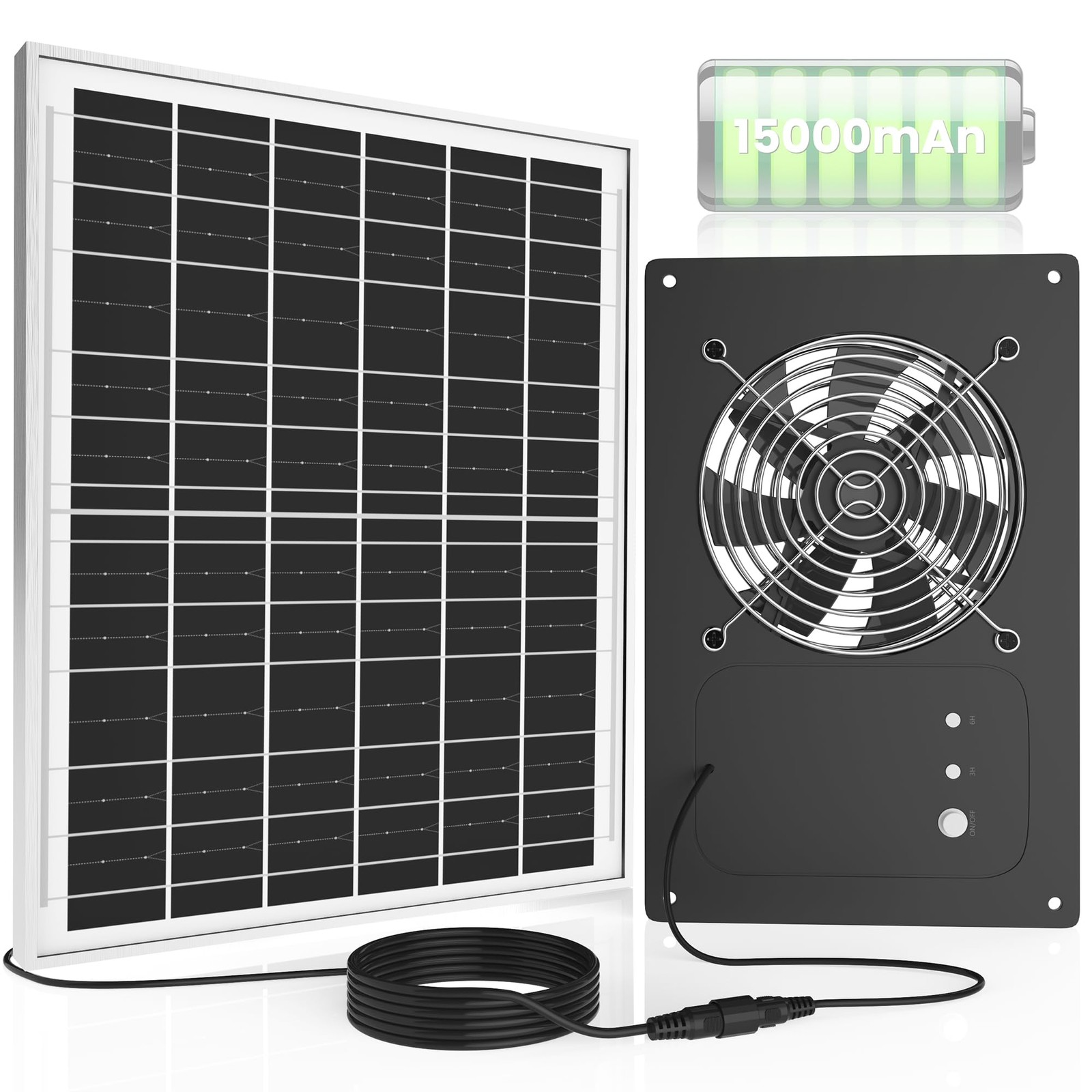 Solar Fan with Battery 15000 mAh and Timer - 25W Powered Exhaust Fan High Win...